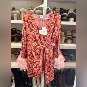 Buddy Love Floral Mini Dress with Feather Cuffs